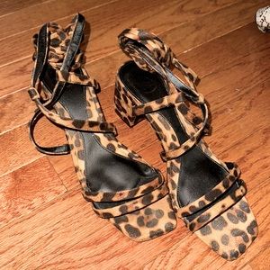 PrettyLittleThing Lace Up Mid Heel Leopard Sandals